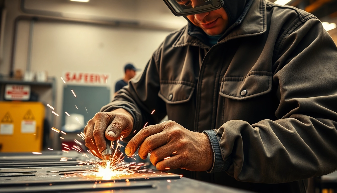 Welder showcasing a high-quality welding jacket while performing intricate welding work.