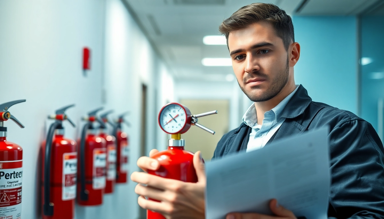 Technician performing fire extinguisher inspection in a professional setting, ensuring safety compliance.