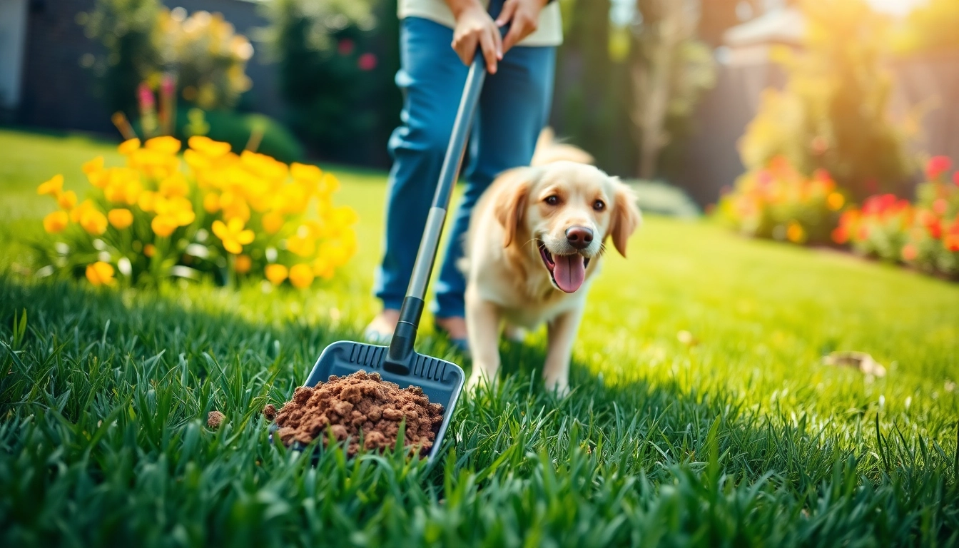 Owner actively working to clean up dog poop in a sunny yard, promoting pet waste management.