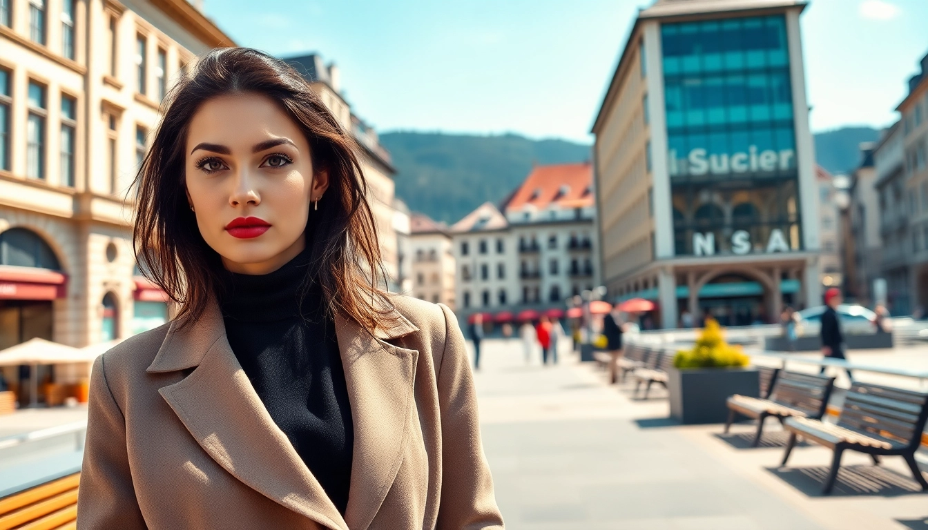 Model Zurich in stilvollem Outfit, posiert vor einer urbanen Kulisse in Zürich.