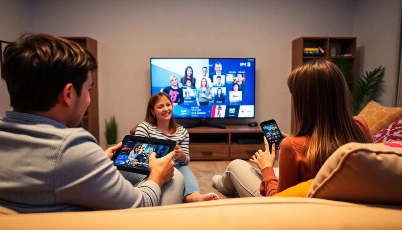 Engaging family using an IPTV subscription across multiple devices in a cozy living room.