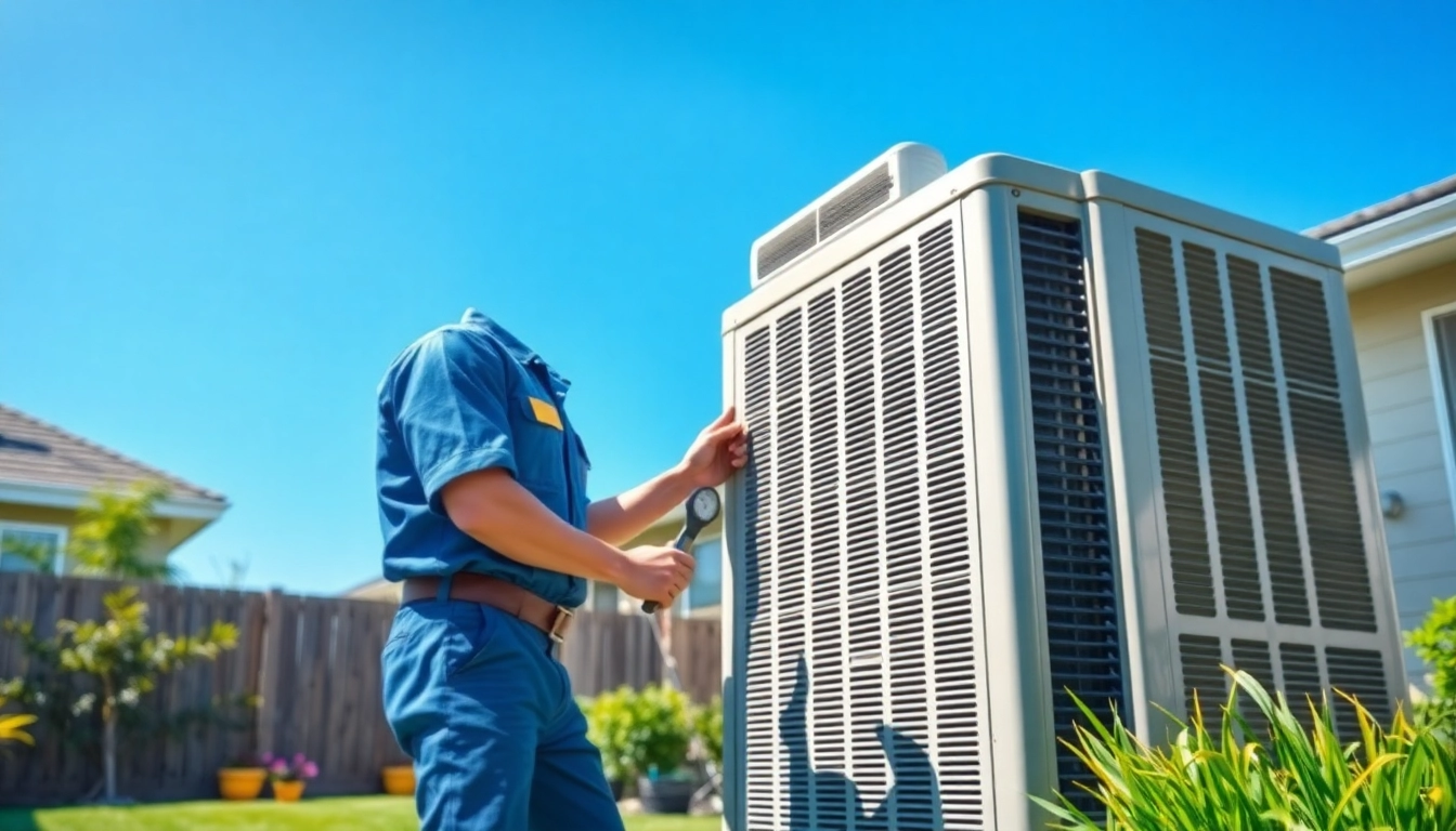 Providing HVAC services Los Angeles with a technician maintaining a residential air conditioning unit.