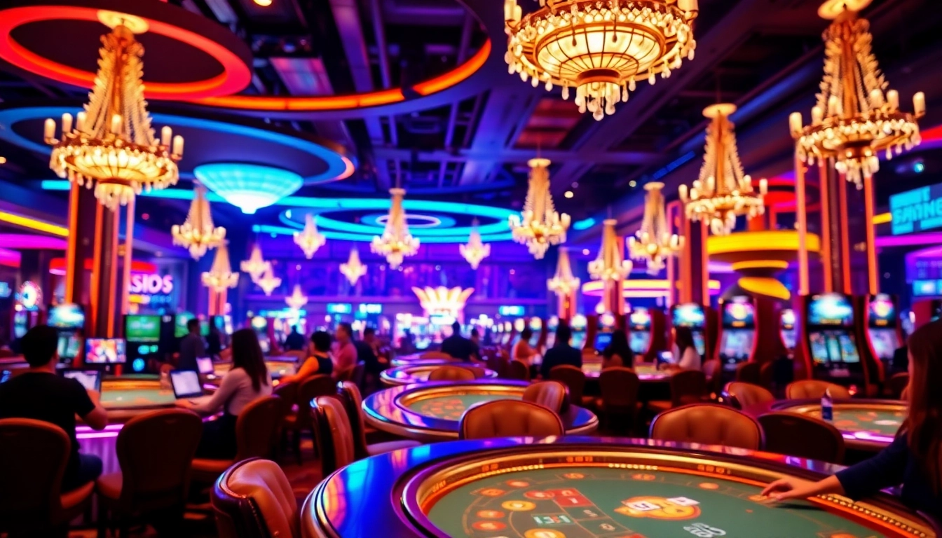 Experience the vibrant atmosphere of tab66 casino filled with excited players and elegant decor.