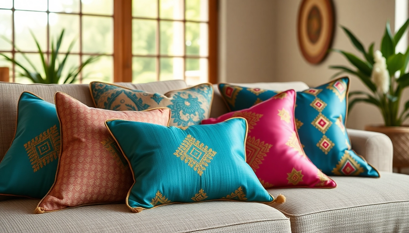 Showcase vibrant cactus silk pillows from https://labboho.com/collections/cactus-silk-pillows in an elegant living room.