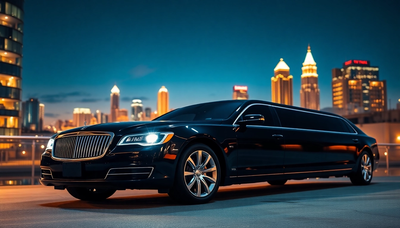 Limo service Atlanta showcases a luxurious black limousine in front of a hotel against the city skyline.