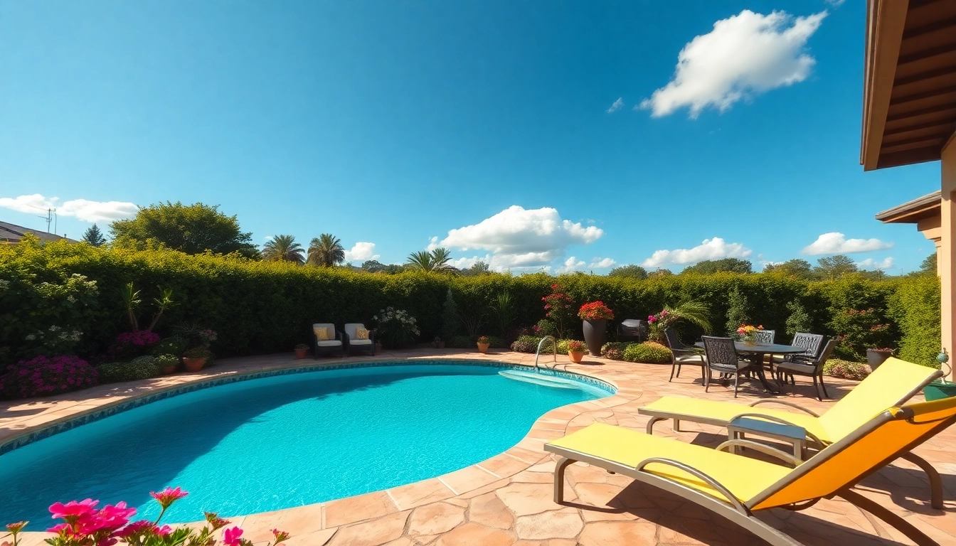 Captivating swimming pool installation with lush landscaping and inviting outdoor furniture.