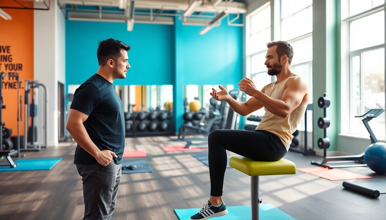 Engaging gym Training Consultation between a personal trainer and client in a vibrant setting.