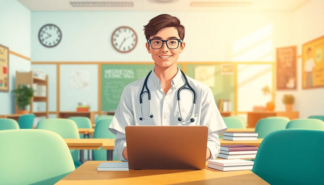 Medizinstudium ohne Aufnahmeprüfung im modernen Klassenzimmer mit Lernmaterialien.