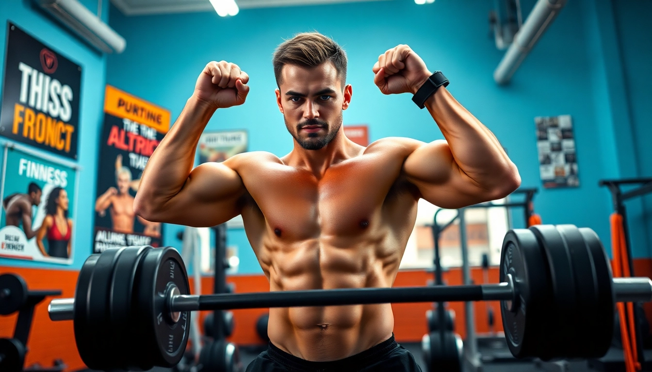 Nutrabio athlete lifting weights in a vibrant gym, showcasing fitness intensity and motivation.