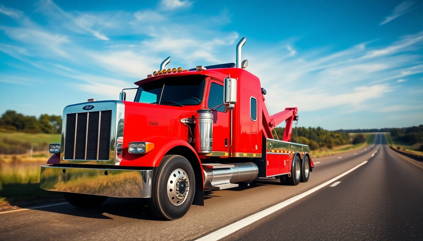 Tow truck assisting an 18 wheeler towing near me in a vibrant roadside setting.