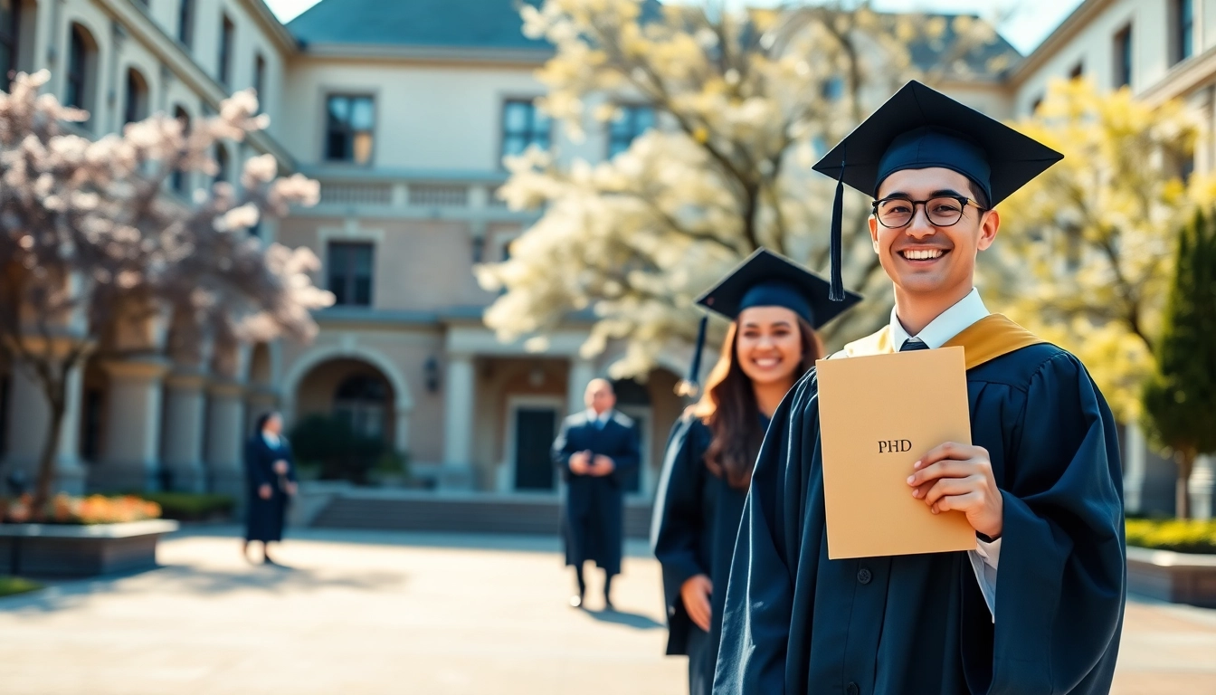Showcase where to buy phd degree with graduates celebrating their achievements in a bright university courtyard.