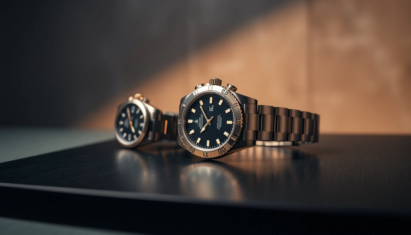 Sell luxury watch featuring a stunning Rolex on a dark wooden table, illuminated beautifully.