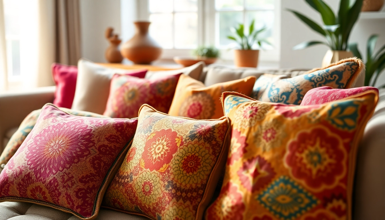 Explore Cactus Silk Pillows featuring vibrant colors and intricate patterns in a cozy living room.