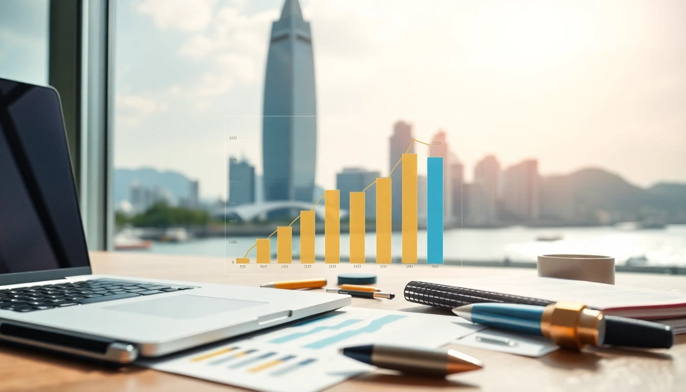 Menggambarkan analisis data Macau dengan grafik tren ekonomi yang menonjol dan peralatan analitis modern.