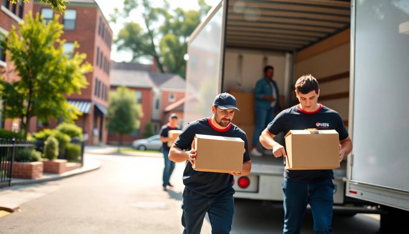 Queens movers expertly helping a family load belongings into a moving truck in a vibrant neighborhood.