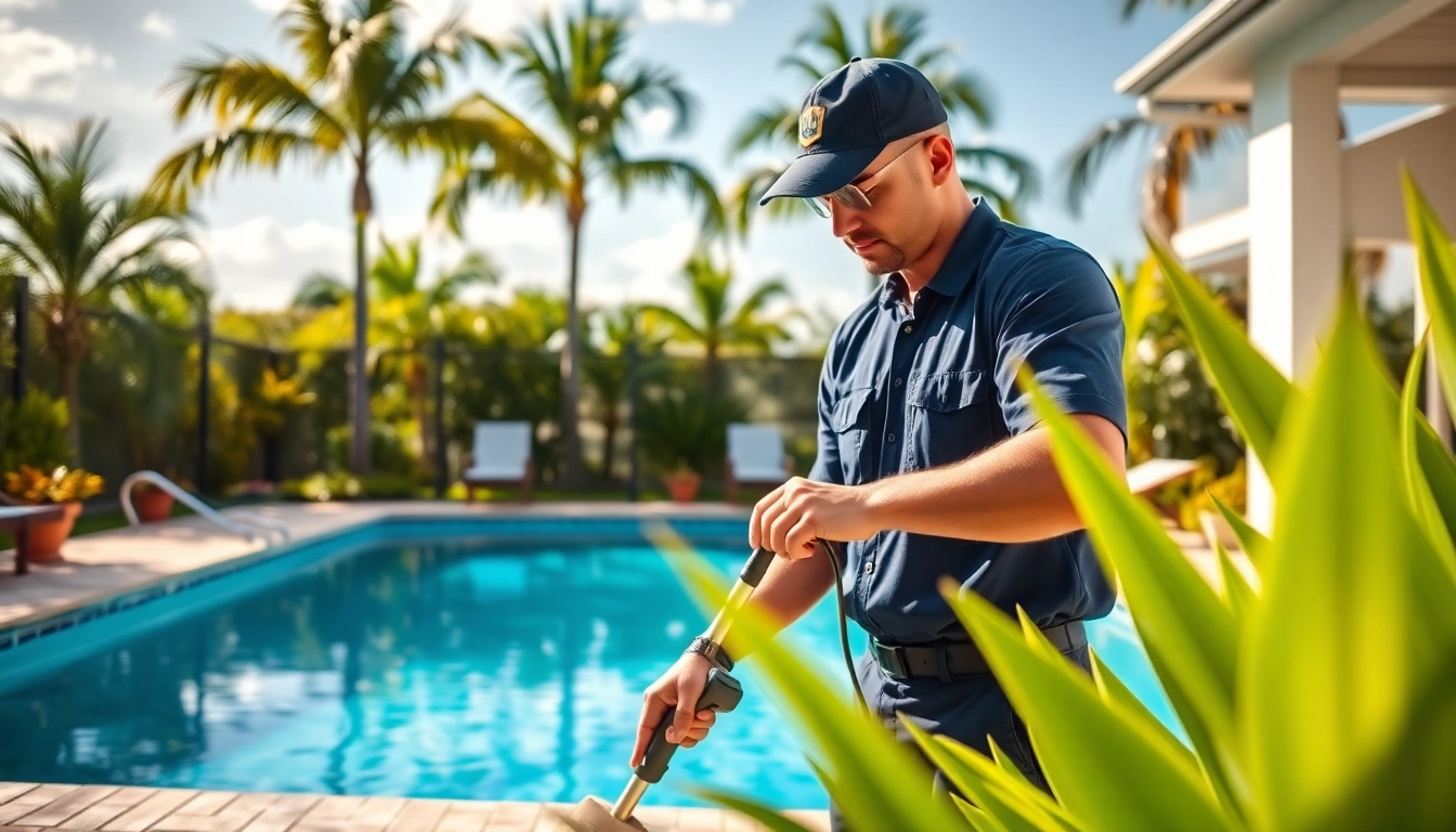 Professional swimming pool service Pinellas County with technicians ensuring pool cleanliness and safety.