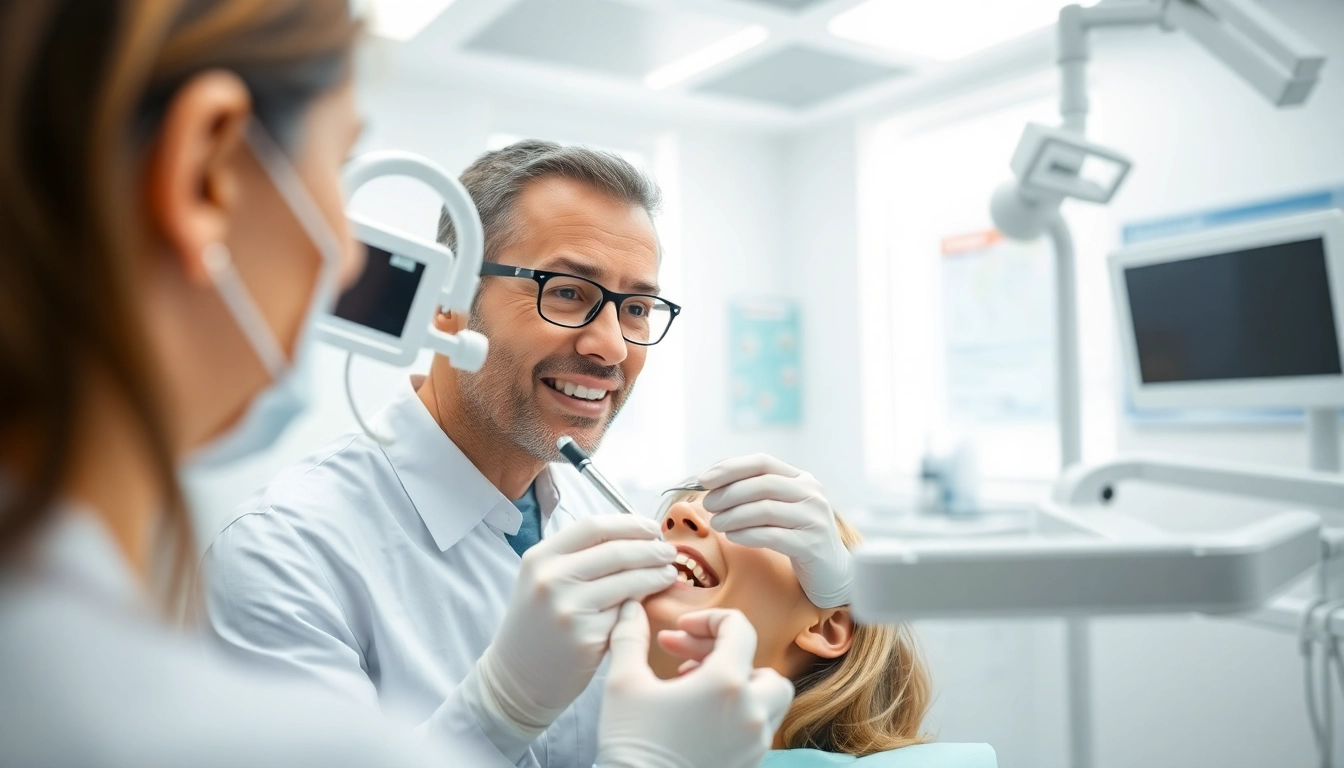 Orthodontist near by me, examining a patient in a modern dental clinic environment.