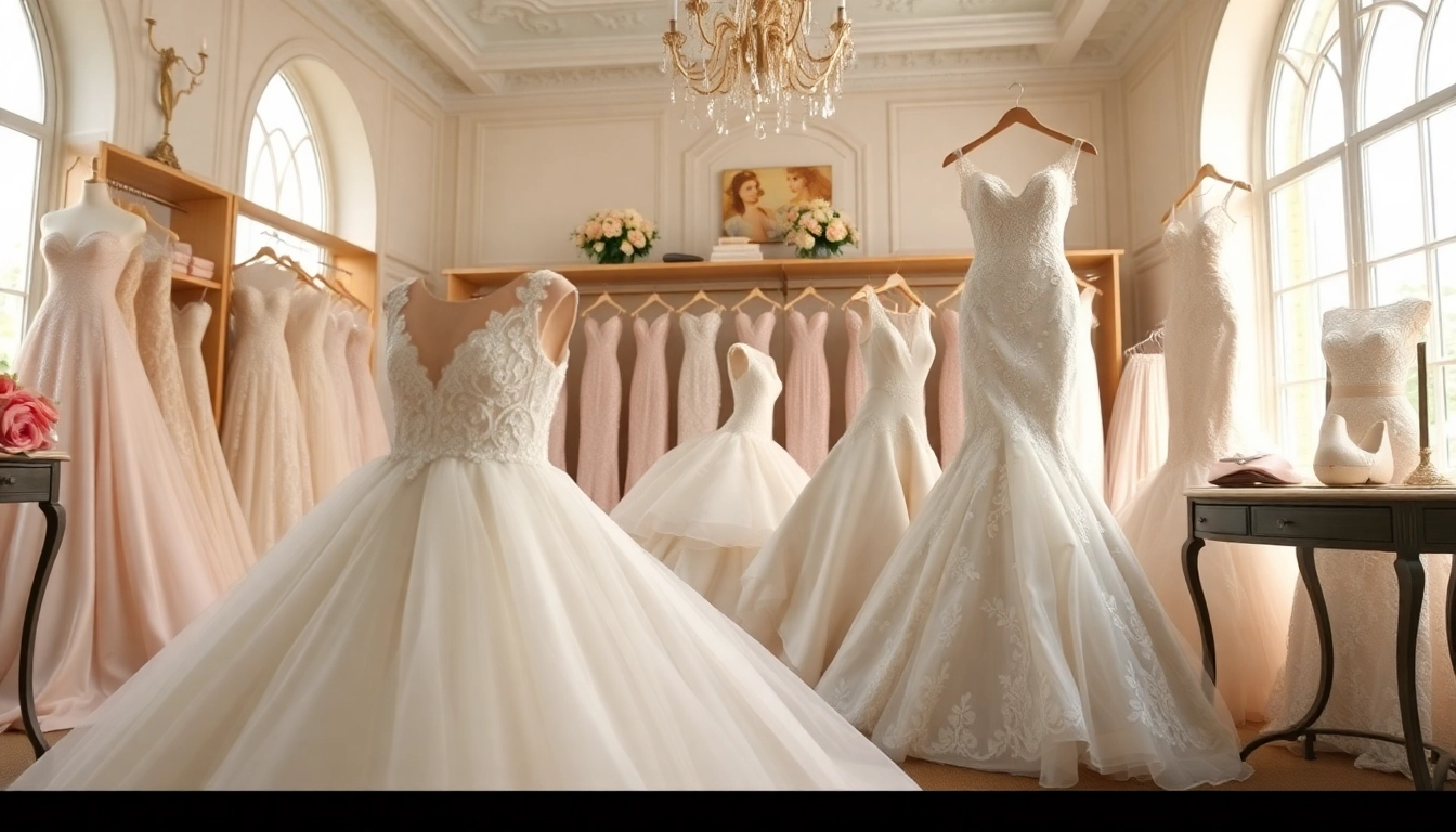 Brides try on stunning mermaid wedding dresses with intricate lace in a beautiful boutique.