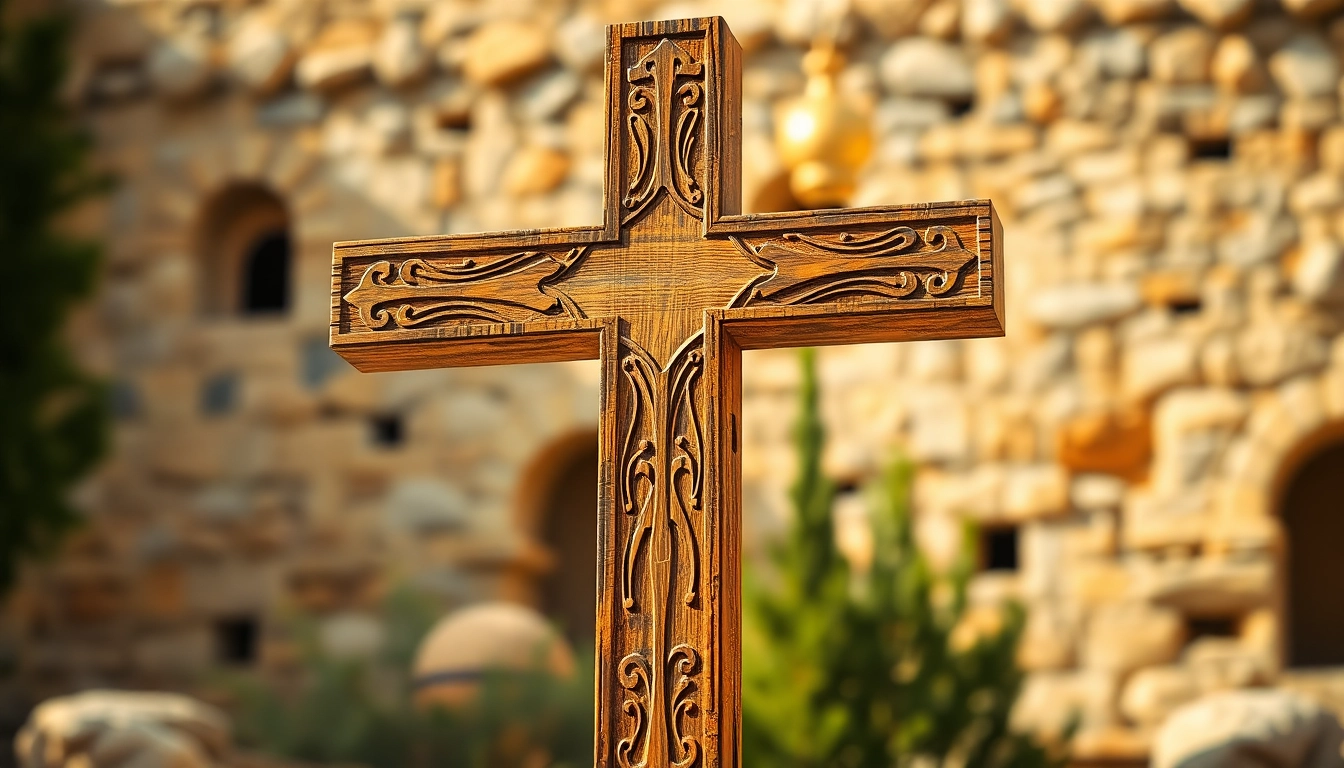 Admire the Jerusalem crosses displaying intricate carvings, bathed in warm light.