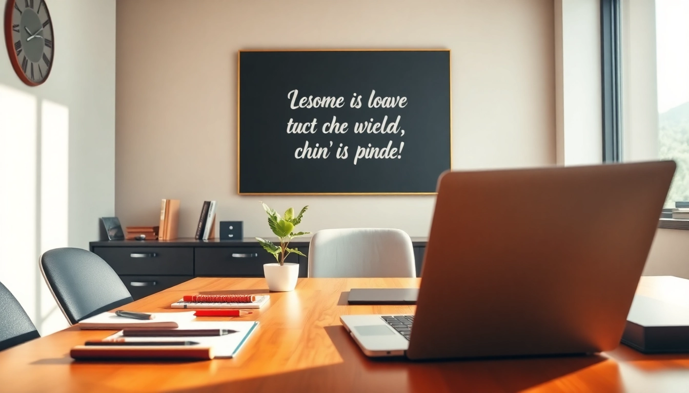 Engaging workspace featuring inspirational business quotes on the wall, promoting motivation.