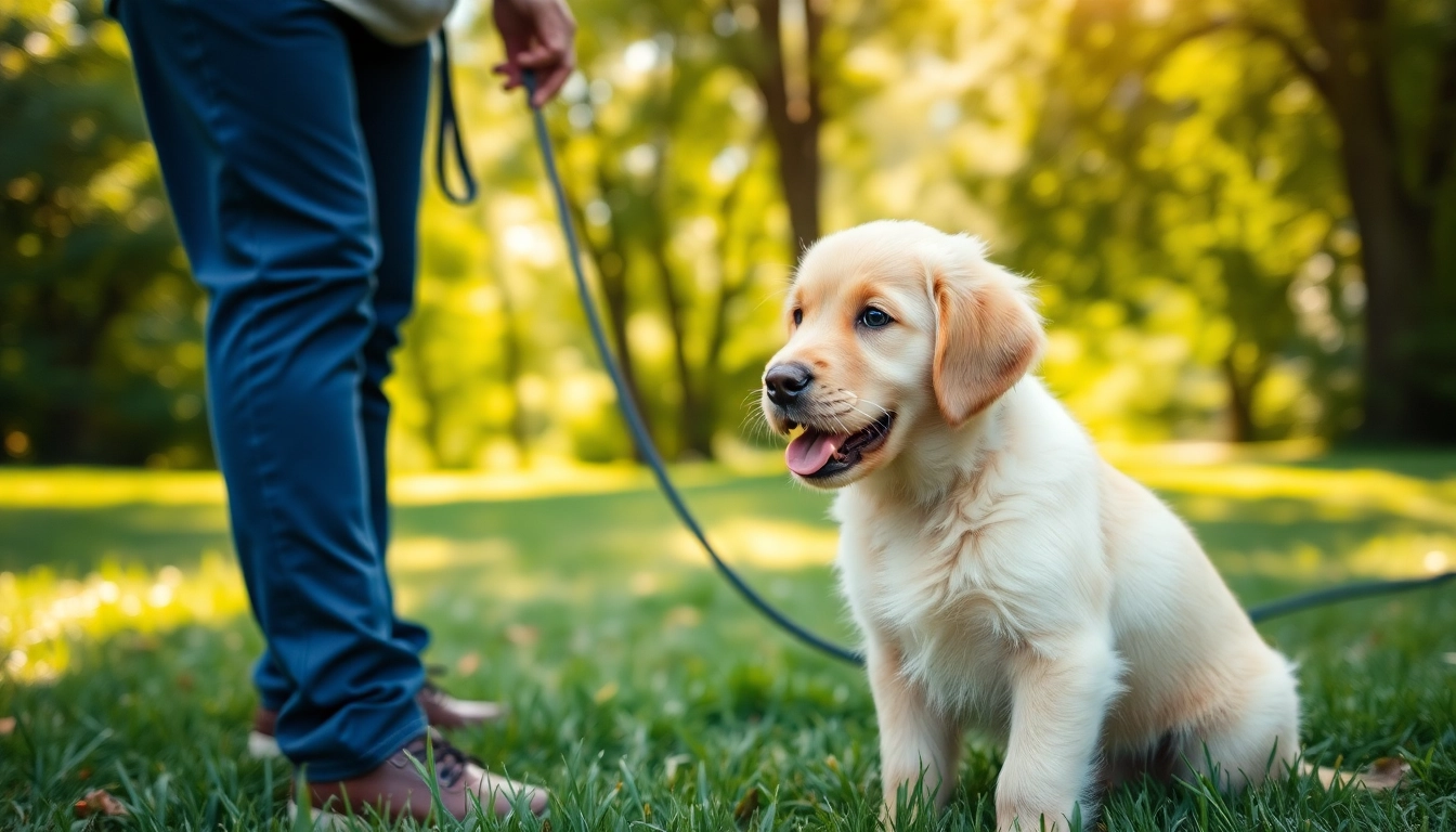 Engaging dog training session in Irvine featuring a golden retriever puppy and its trainer.