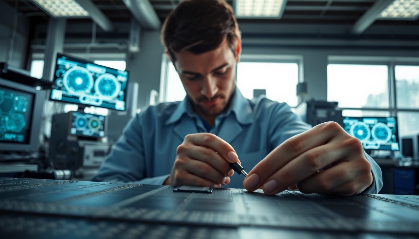 Crafting microchips in an advanced lab with detailed machinery and focused engineer.