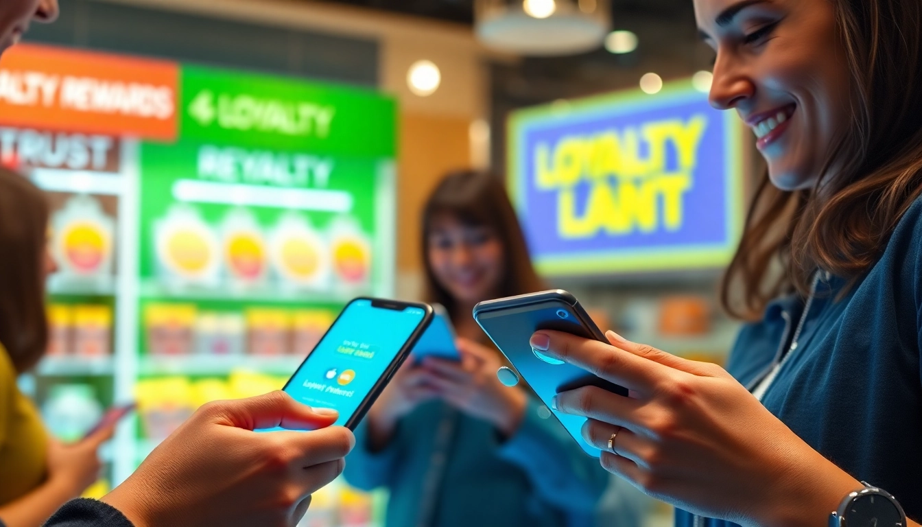 Loyalty plans illustrated through customers engaging with a digital loyalty app and vibrant store visuals.