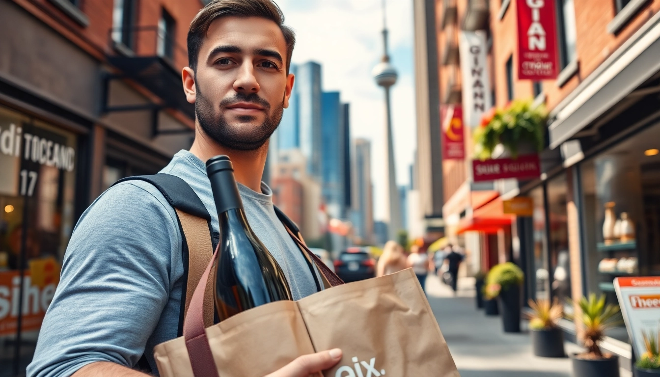 Experience lcbo delivery Toronto with a delivery person carrying wine through a lively city street.