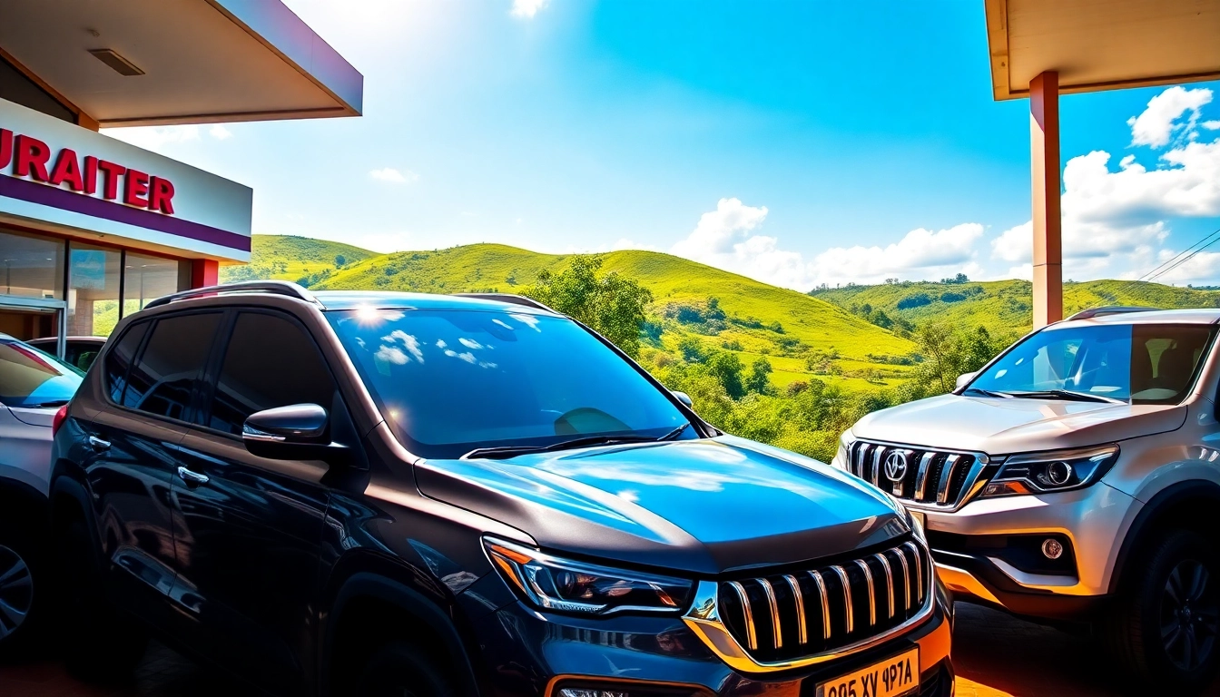 Renting a car in Uganda with a stunning view of various SUVs and 4x4s available for hire.
