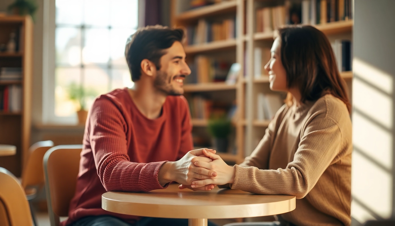 Couple communicating in relationships, sharing emotions in a cozy coffee shop setting.