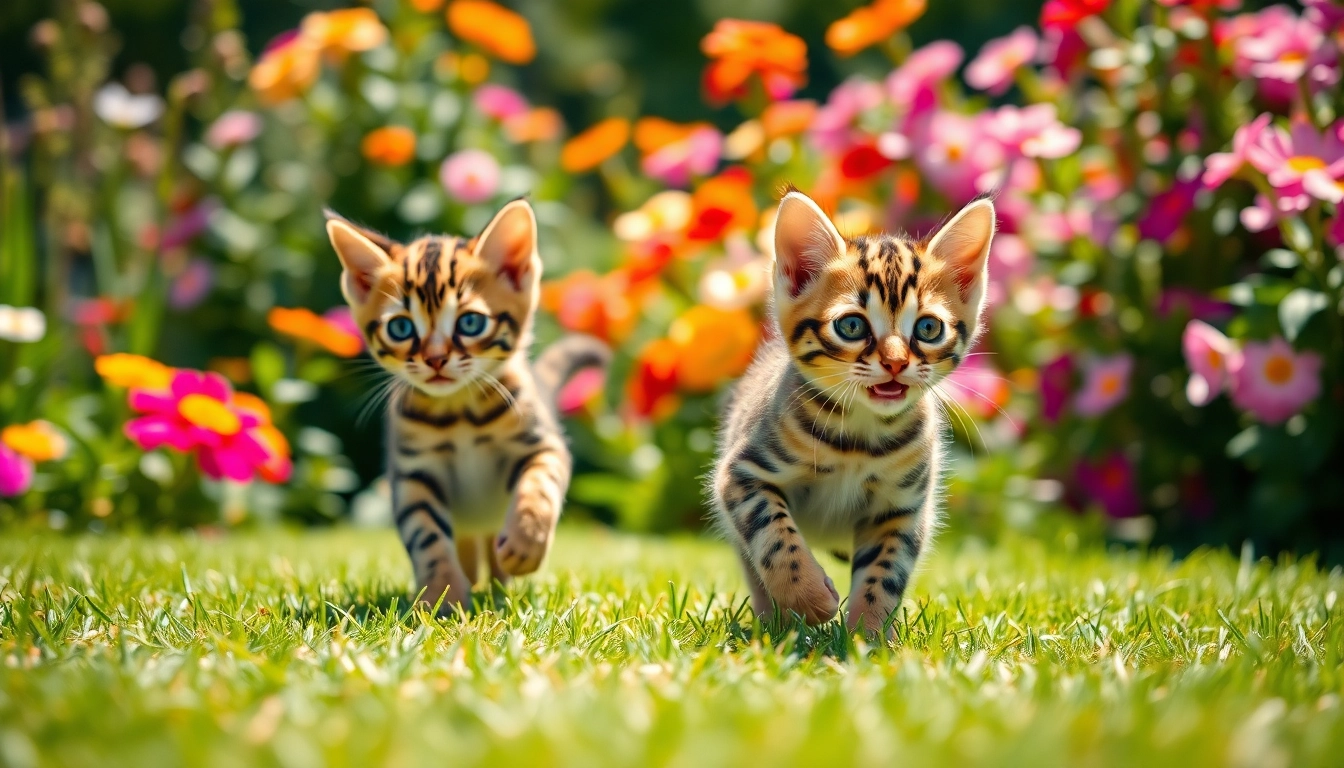Adopt Bengal Kittens for Sale with unique coats playing joyfully in a vibrant garden.