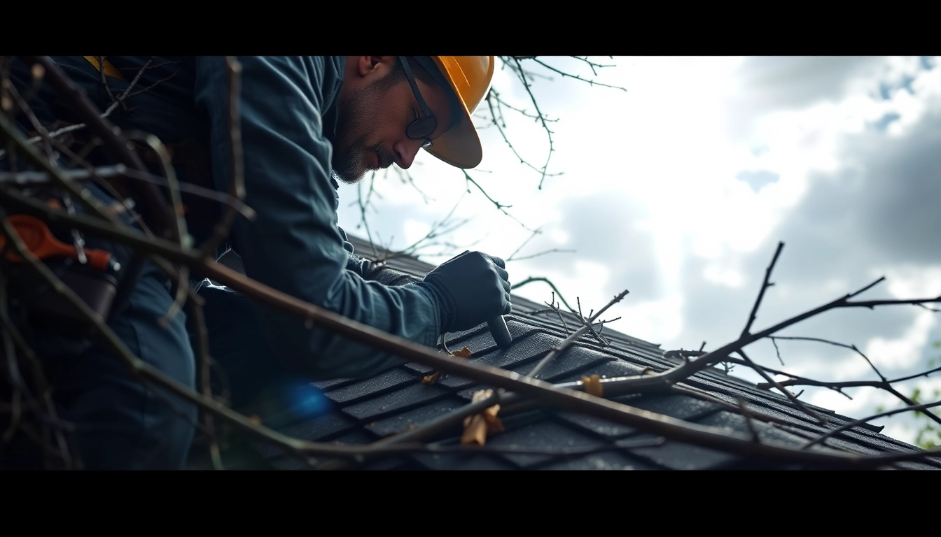 Addressing emergency roof repair Texas with a contractor actively fixing storm damage on a home.