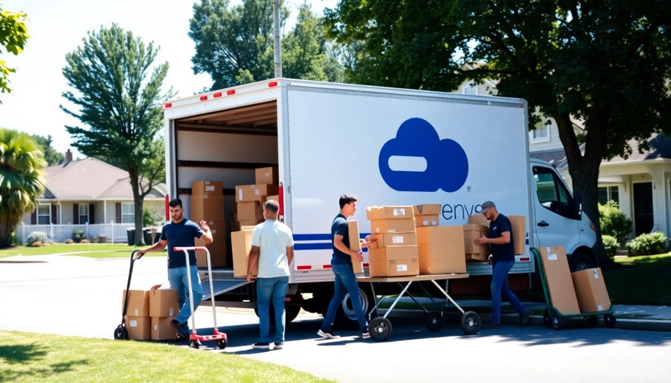 Expert Queens movers efficiently loading boxes into a truck in a sunny suburban setting.