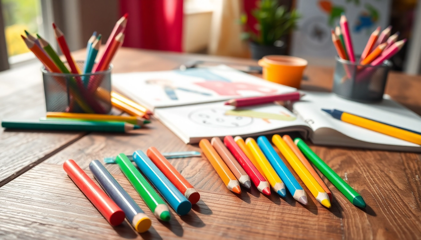 Kids colouring pencils arranged creatively on a table alongside a child's drawing, sparking imagination.