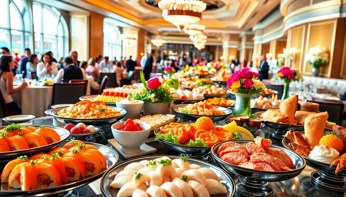 Indulge in exquisite dishes at popular buffets in Vegas, including colorful platters of sushi and seafood.