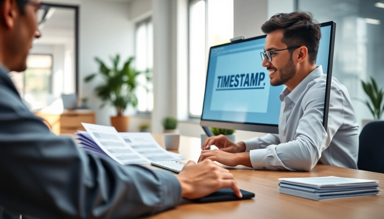 Timestamp document online service displayed in a professional office setting with clear visuals.