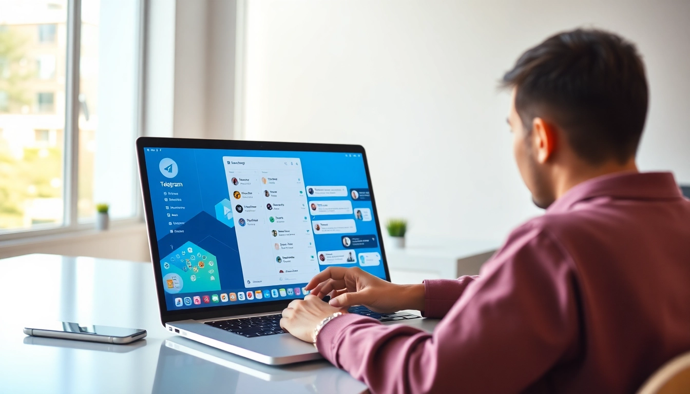 Explore Telegram電腦版 with a user engaging actively on a laptop amidst a modern workspace.