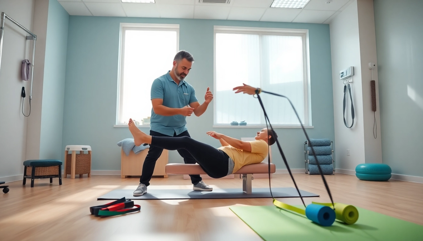 Engaging physiotherapy near me session with a professional therapist guiding a patient.