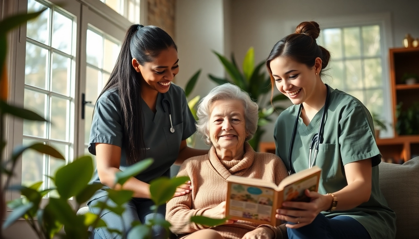 Engaging caregivers providing austin senior home care to an elderly woman in a bright, welcoming home.