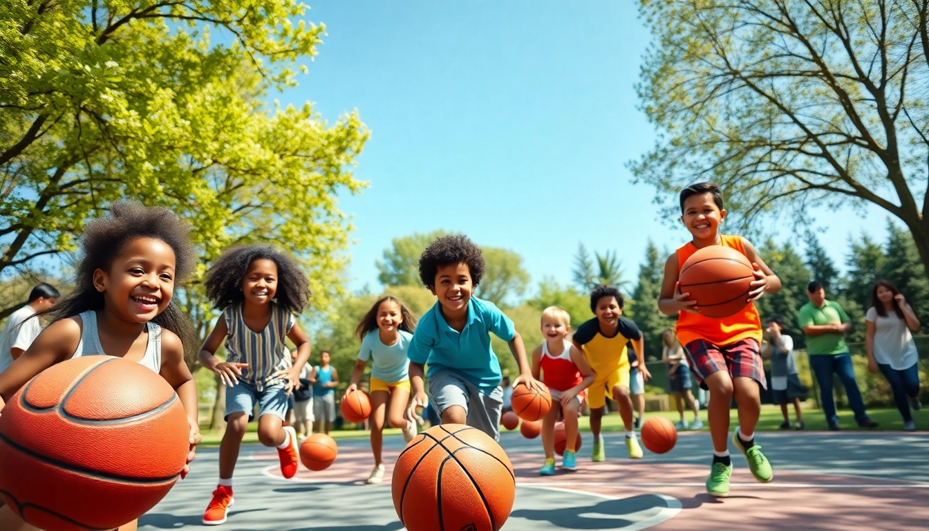 Young basketball enthusiasts enjoying a game on a sunny day at the park
