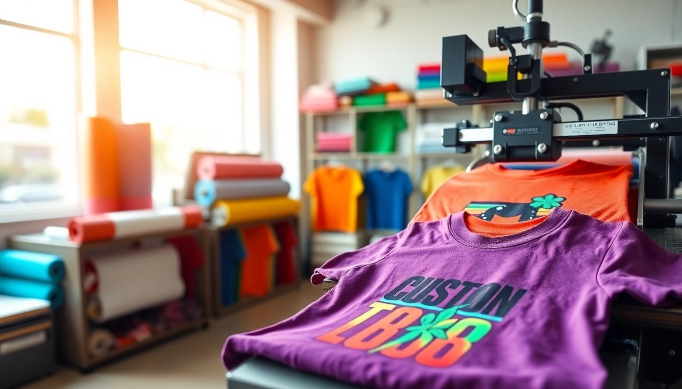 Showcasing t shirt printing edmonton with vibrant designs in a modern workshop setting.