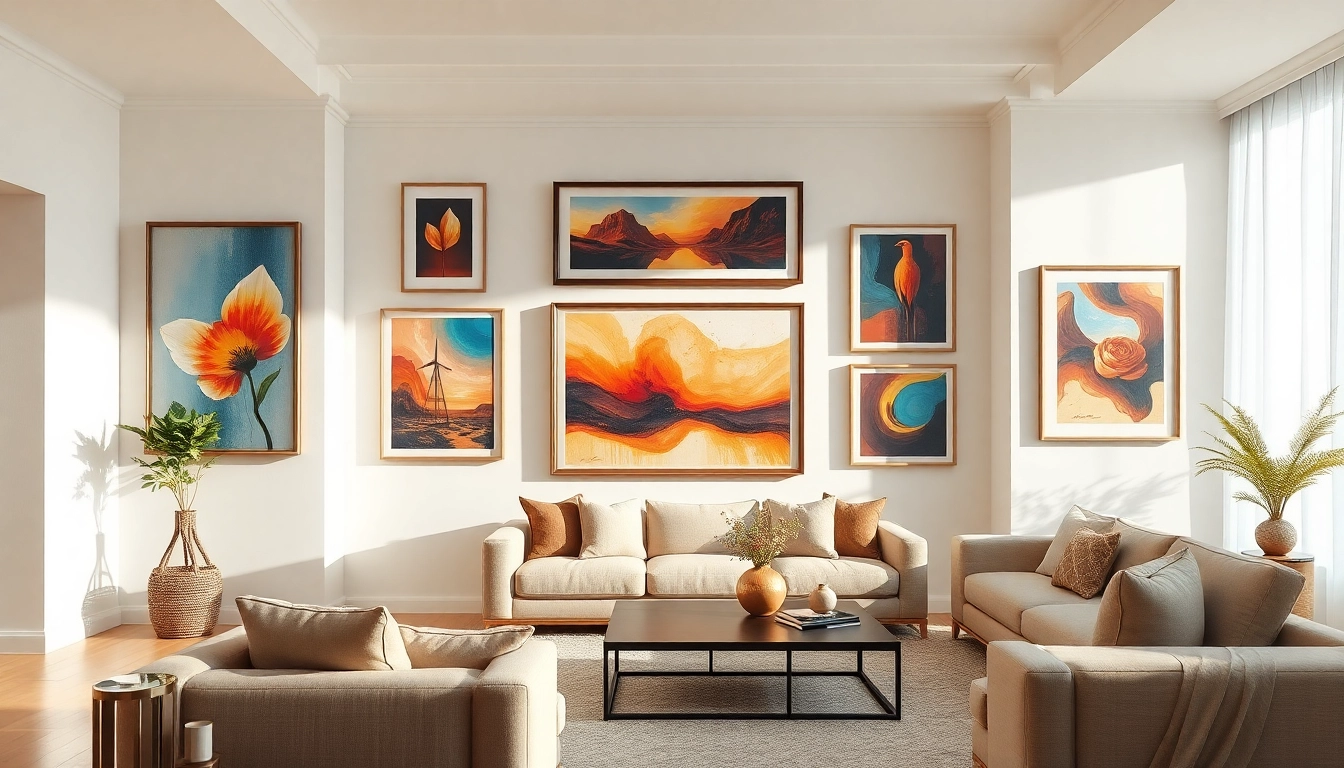 Showcasing elegant Art and decor in a modern living room setting with vibrant colors.