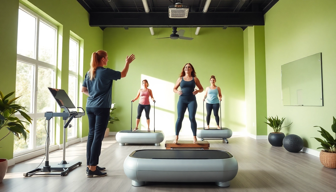 Engaging in whole body vibration therapy on a modern machine, promoting wellness and fitness.