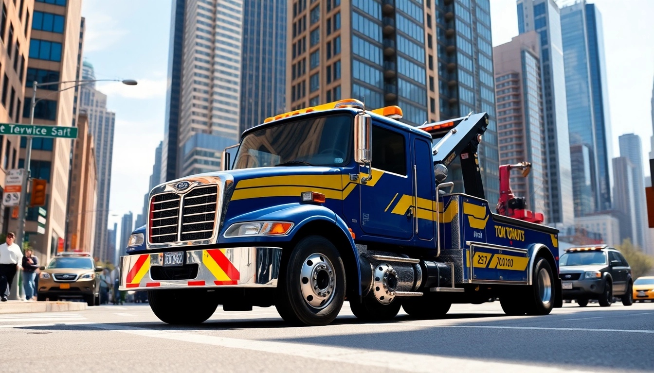 Reliable towing service in Toronto with a professional tow truck on a busy urban street.