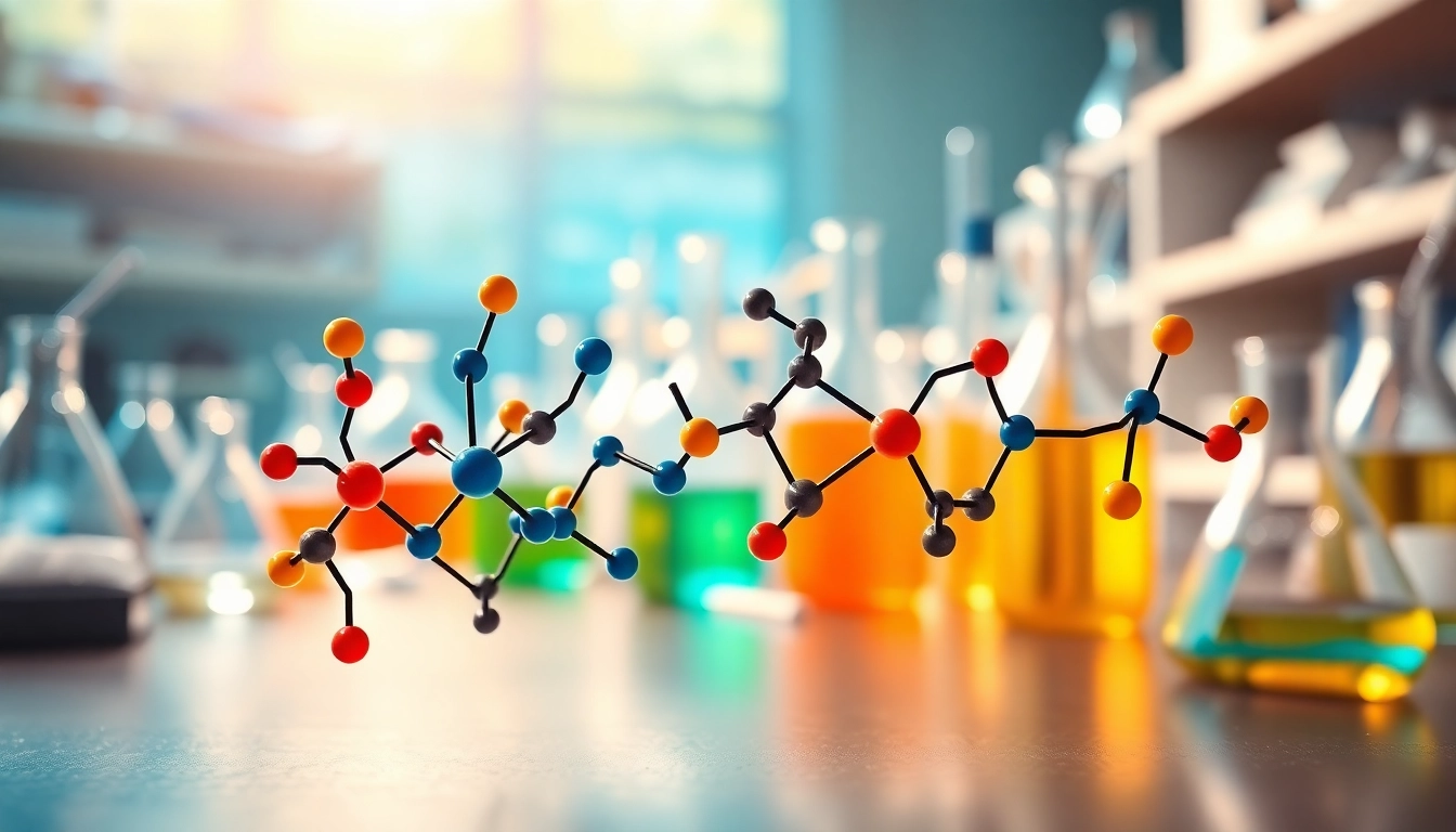 Amino acids illustrated as vibrant molecular structures on a laboratory table.