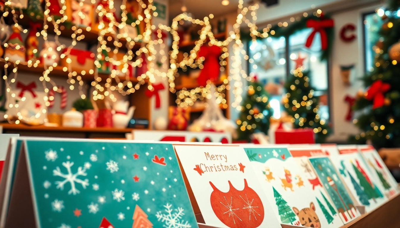Showcasing vibrant Christmas cards Islington in a festive holiday shop ambiance.