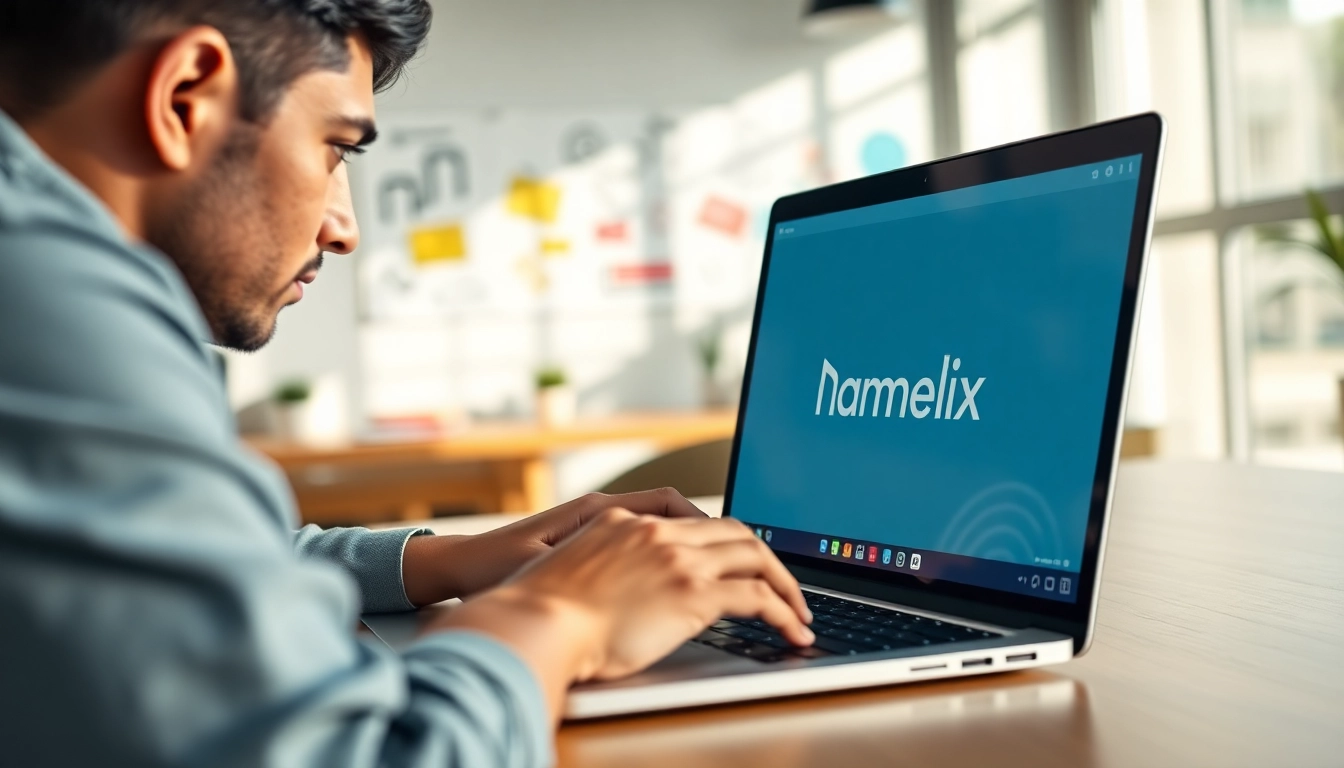Engaged user utilizing the namelix app to create unique brand names in a modern professional setting.