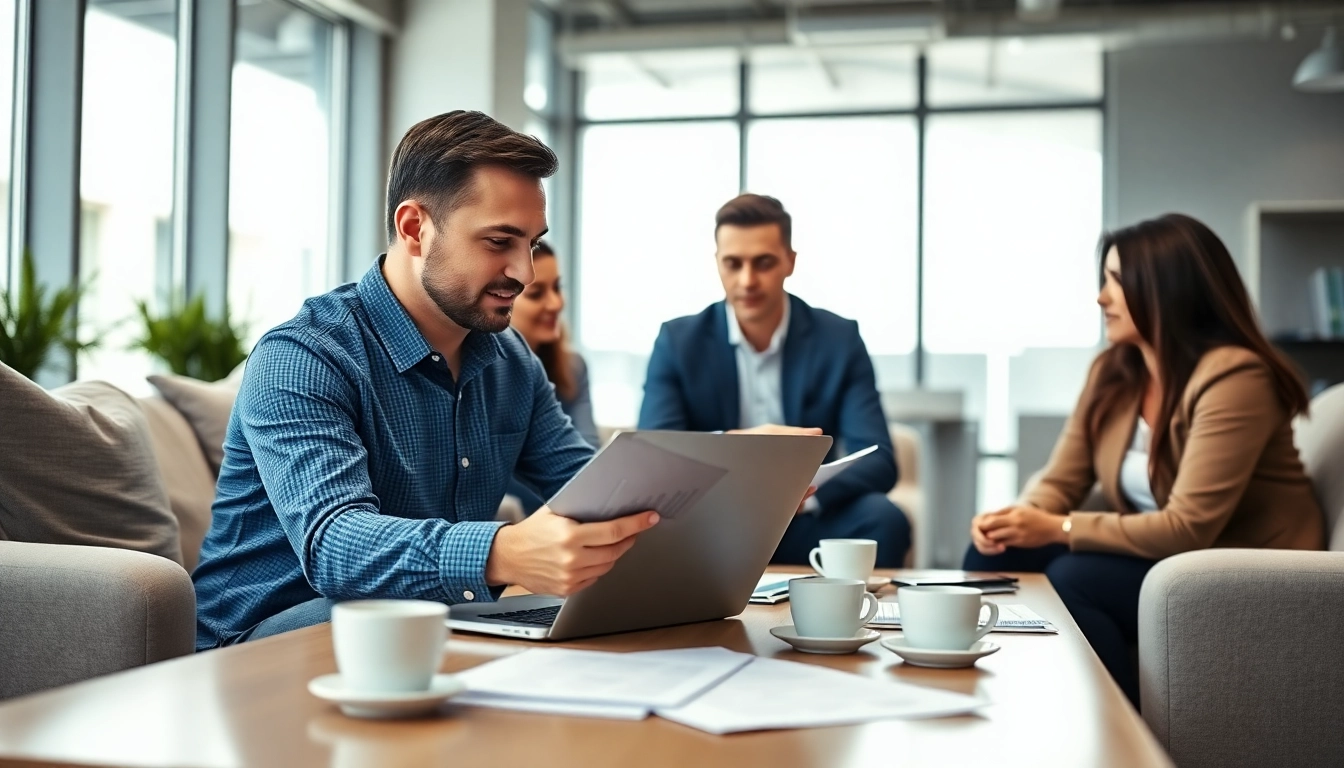 B2B buyer analyzing strategies with a diverse team in a bright office meeting.