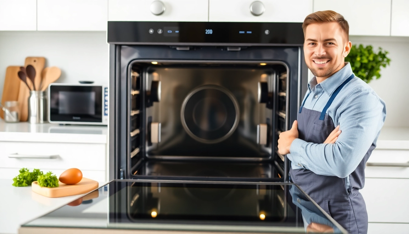 Oven cleaning dubai service showcasing a technician cleaning an immaculate oven in a stylish kitchen.