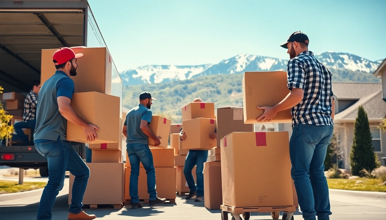 Movers in Colorado expertly packing and loading a truck in a beautiful suburban setting.